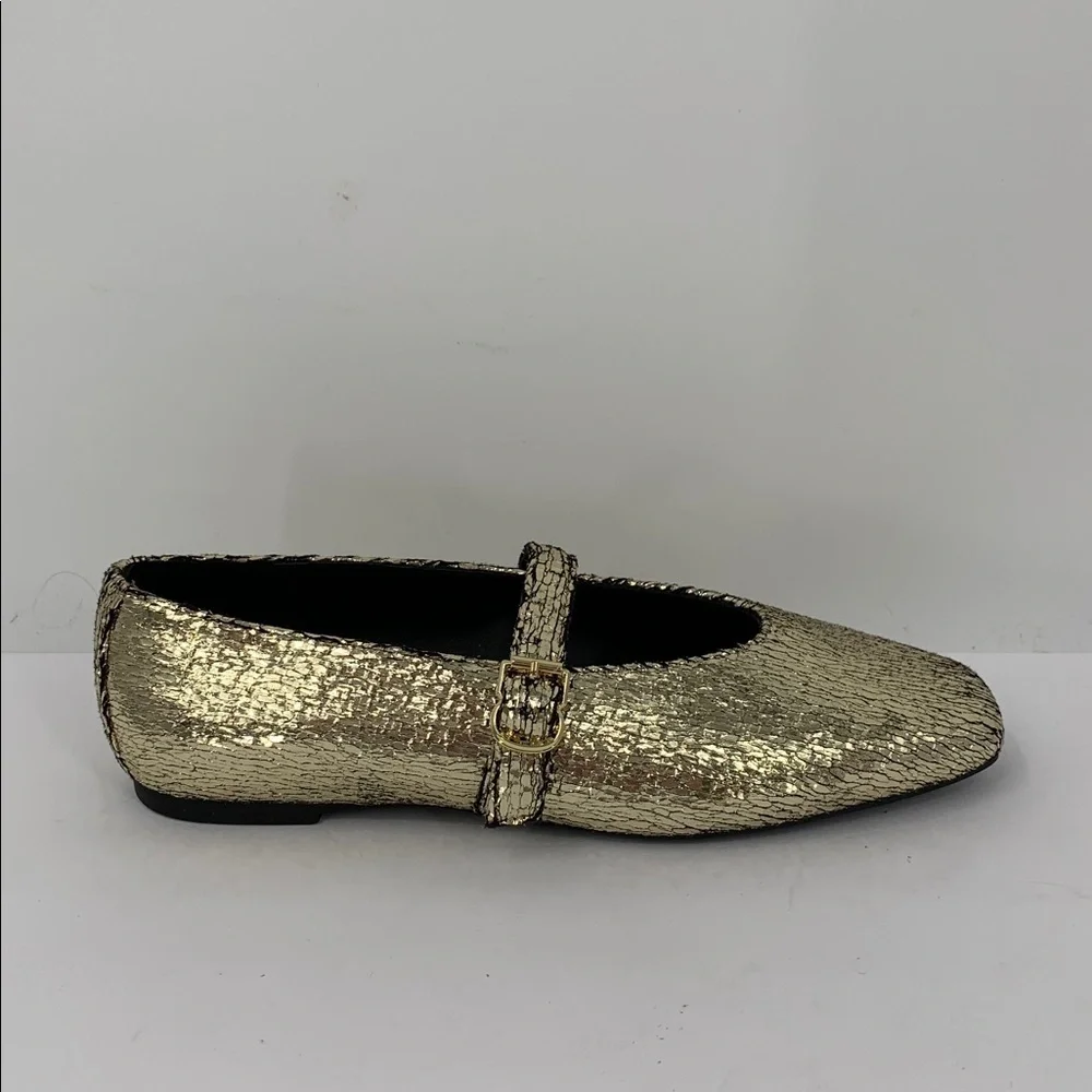 Katy Perry Evie maryjane flat shoe gold metallic crinkle vegan buckle new 9
